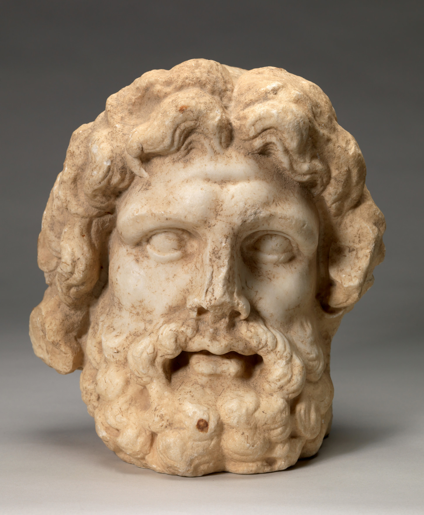 Greek or Roman, Head of a God, 150BC-100BCE. Parian marble, 11 7/8 x 11 1/8 x 7 1/4 in. Museum purchase, Greylock Foundation, Karl E. Weston Memorial Fund. (63.34)