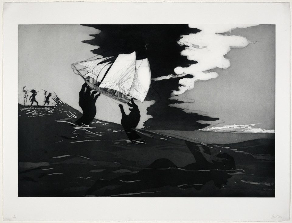 Kara Walker (American, b. 1969), no world (from An Unpeopled Land in Uncharted Waters), 2010. etching with aquatint, sugar-lift, spit-bite and dry-point on paper, 27 x 39 in. Museum purchase, Kathryn Hurd Fund. M.2010.13.A Kara Walker (American, b. 1969), no world (from