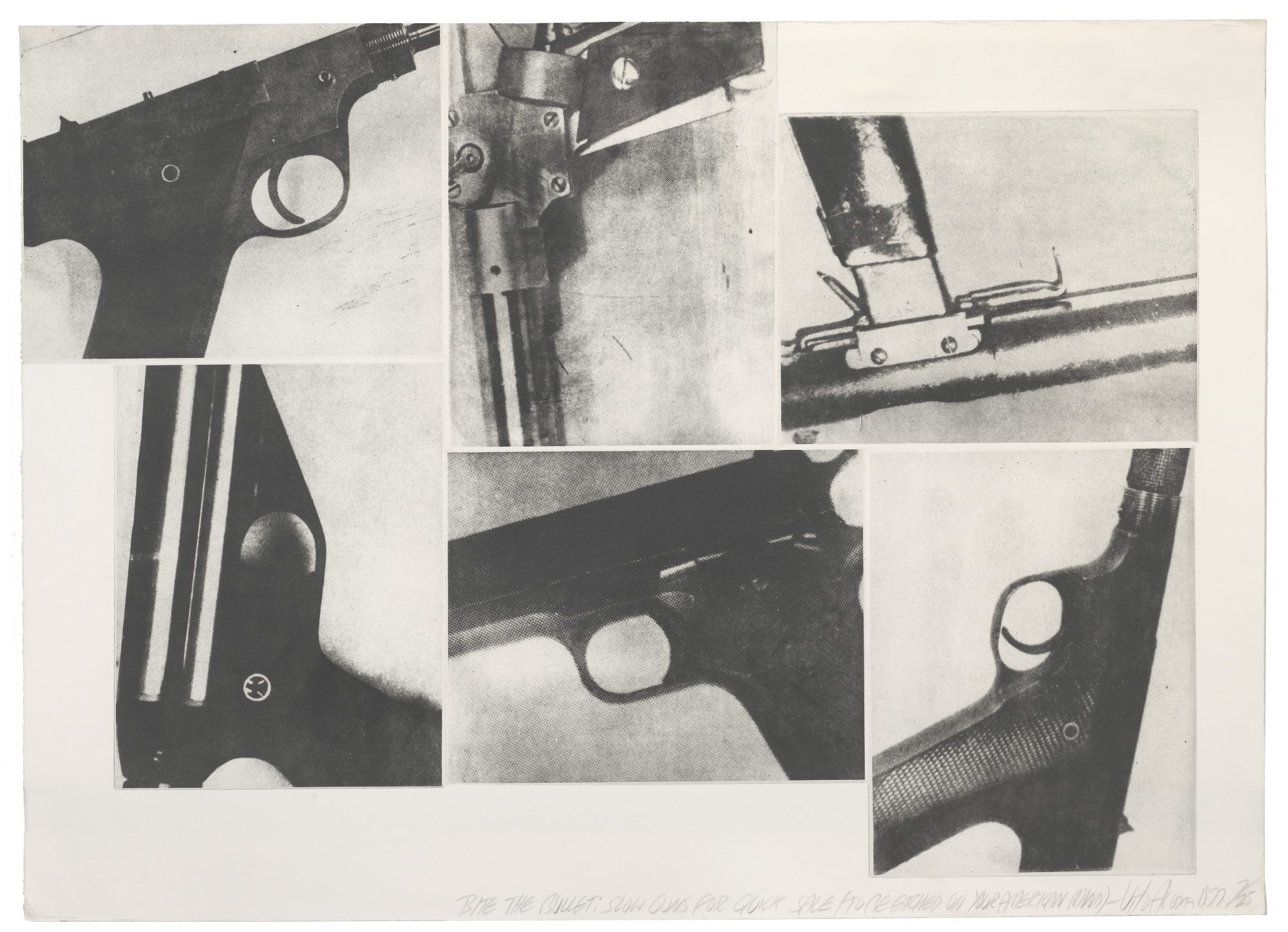 Vito Acconci (American, b. 1940) Bite the Bullet. Slow guns for Quick Sale/To be etched on your American Mind, 1977. Photo lithograph on paper, 29 13/16 x 41 7/8 in. Gift of Harvey R. Plonsker '61, Madeleine P. Plonsker and Edward M. Plonsker '86, M.2007.21