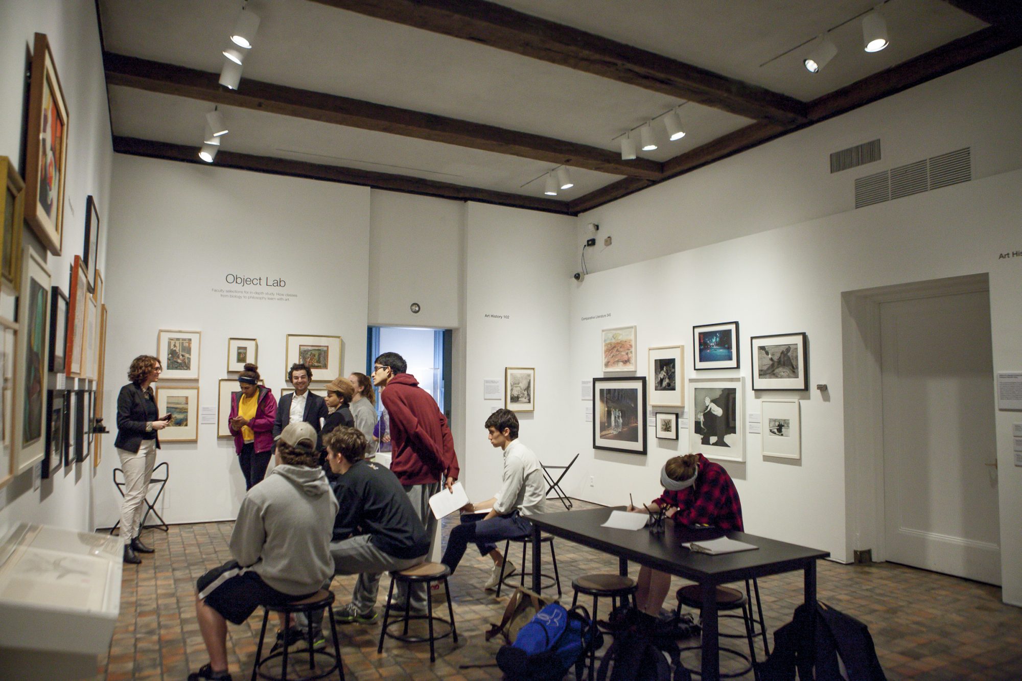PHIL 216 class session in Object Lab, spring 2016. Photo of a class in Object Lab.