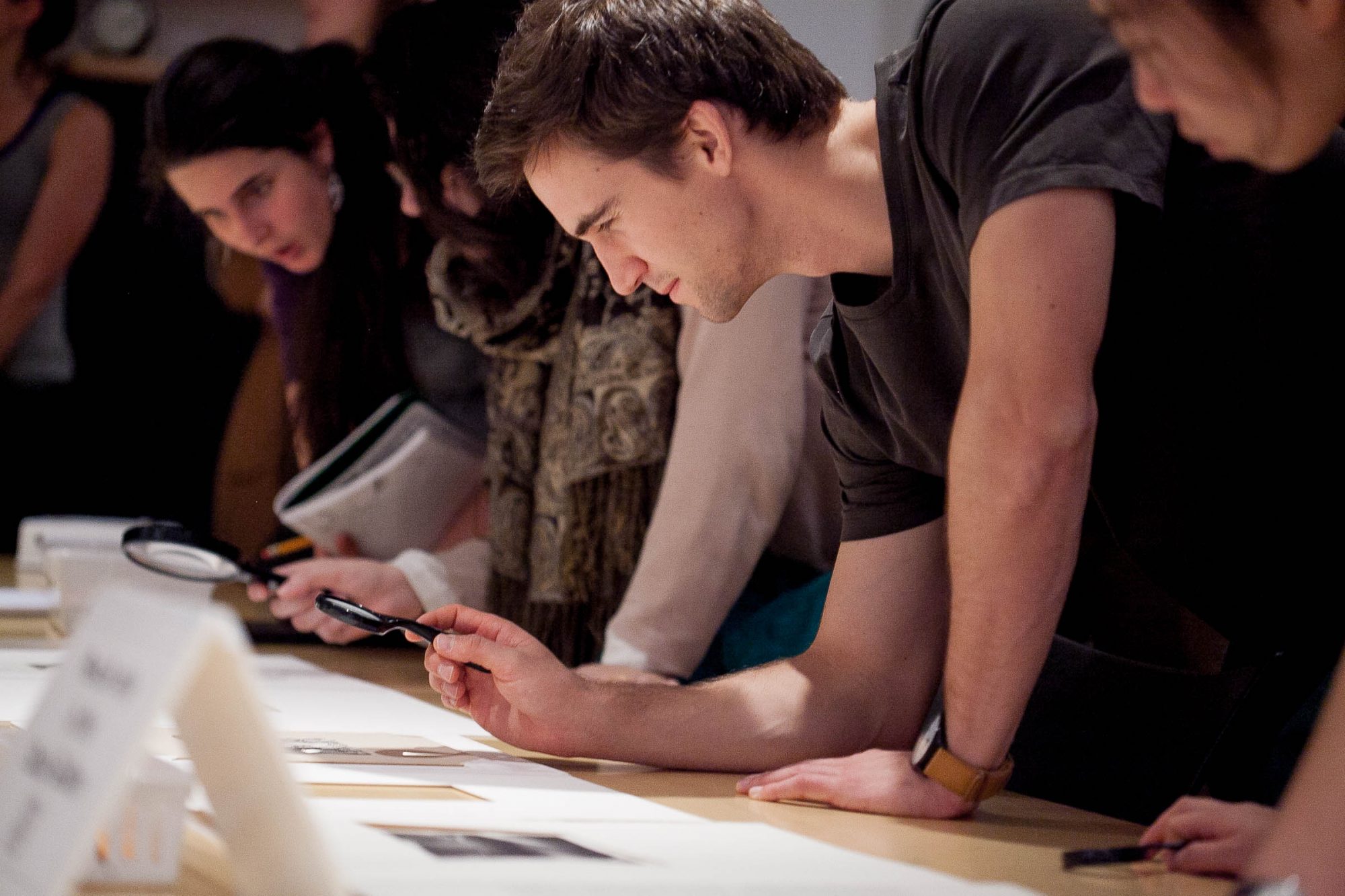 ARTH 327 class session in the Rose Study Gallery, fall 2015. Photo by Kate Drew Miller. Photo of a class session in the Rose Study Gallery.
