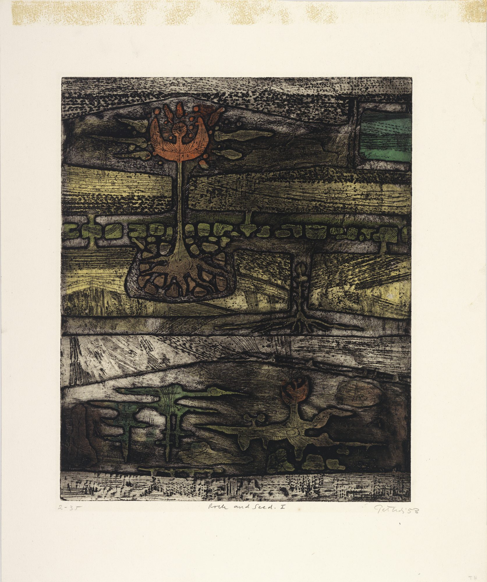 Gabor F. Peterdi (American, born Hungary, 1915–2001) Rock and Seed I, 1953. Color etching on paper. Museum purchase, IGAS fund, 61.15