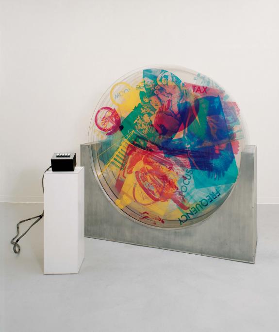 Robert Rauschenberg (American, 1925–2008) Revolver II, 1967. Silkscreen ink on five rotating Plexiglas discs in metal basewith electric motors and control box, 74.25 x 24.5 in. Robert Rauschenberg Foundation, RRF 67.003