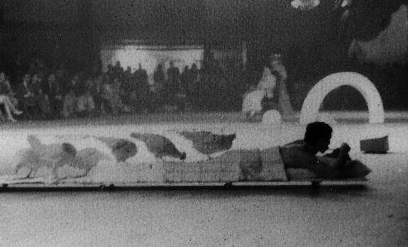 Steve Paxton in Rauschenberg's Linoleum (1966), NOW festival, April 1966. Photograph Collection. Robert Rauschenberg Foundation Archives, New York Photo: Steve Schapiro.