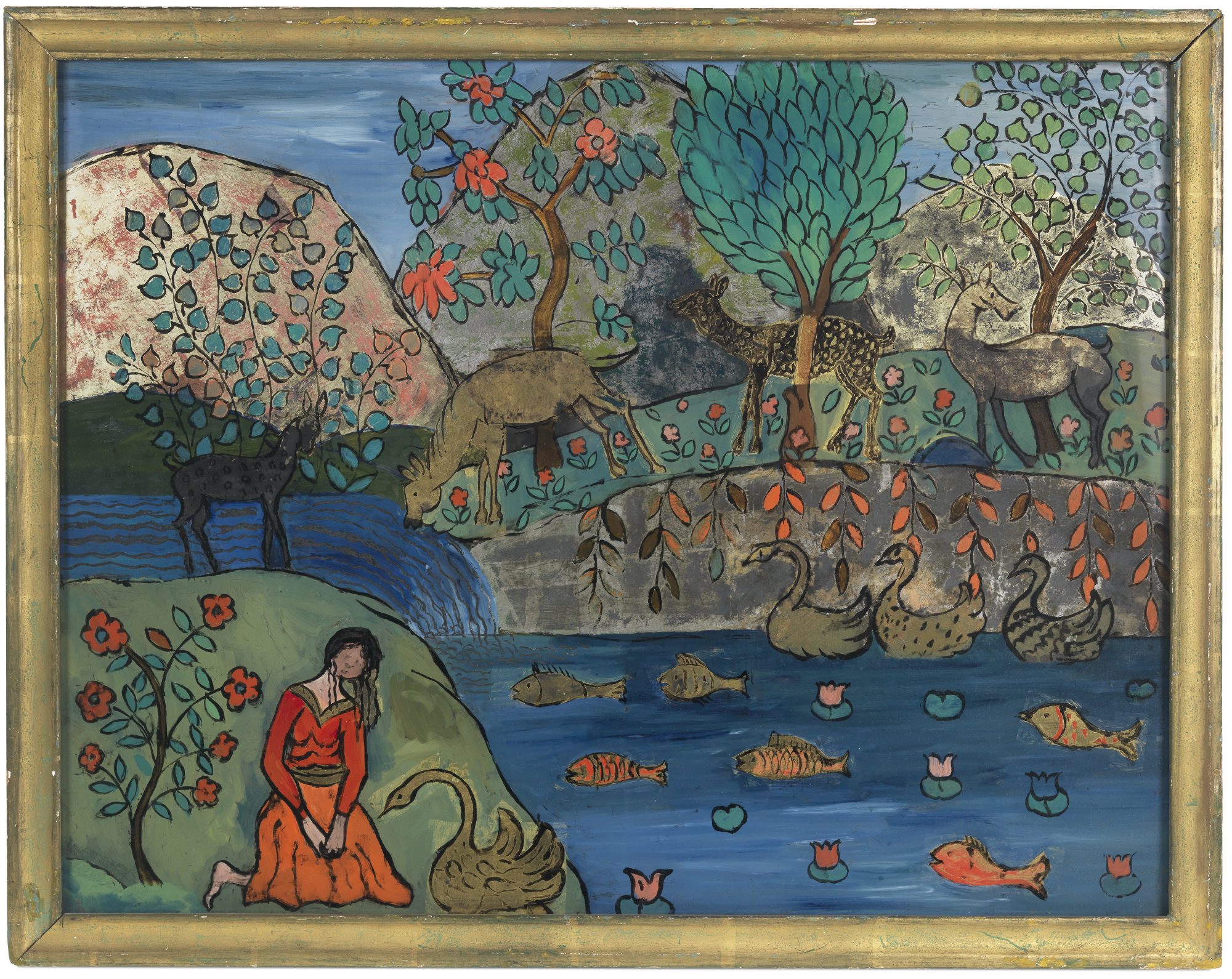 Charles Prendergast (American, 1863-1948) Decoration on glass, c. 1925–1930. Silver and gold leaf with tempera on glass, 22 x 27 3/4 in. Bequest of Mrs. Charles Prendergast, 95.4.46