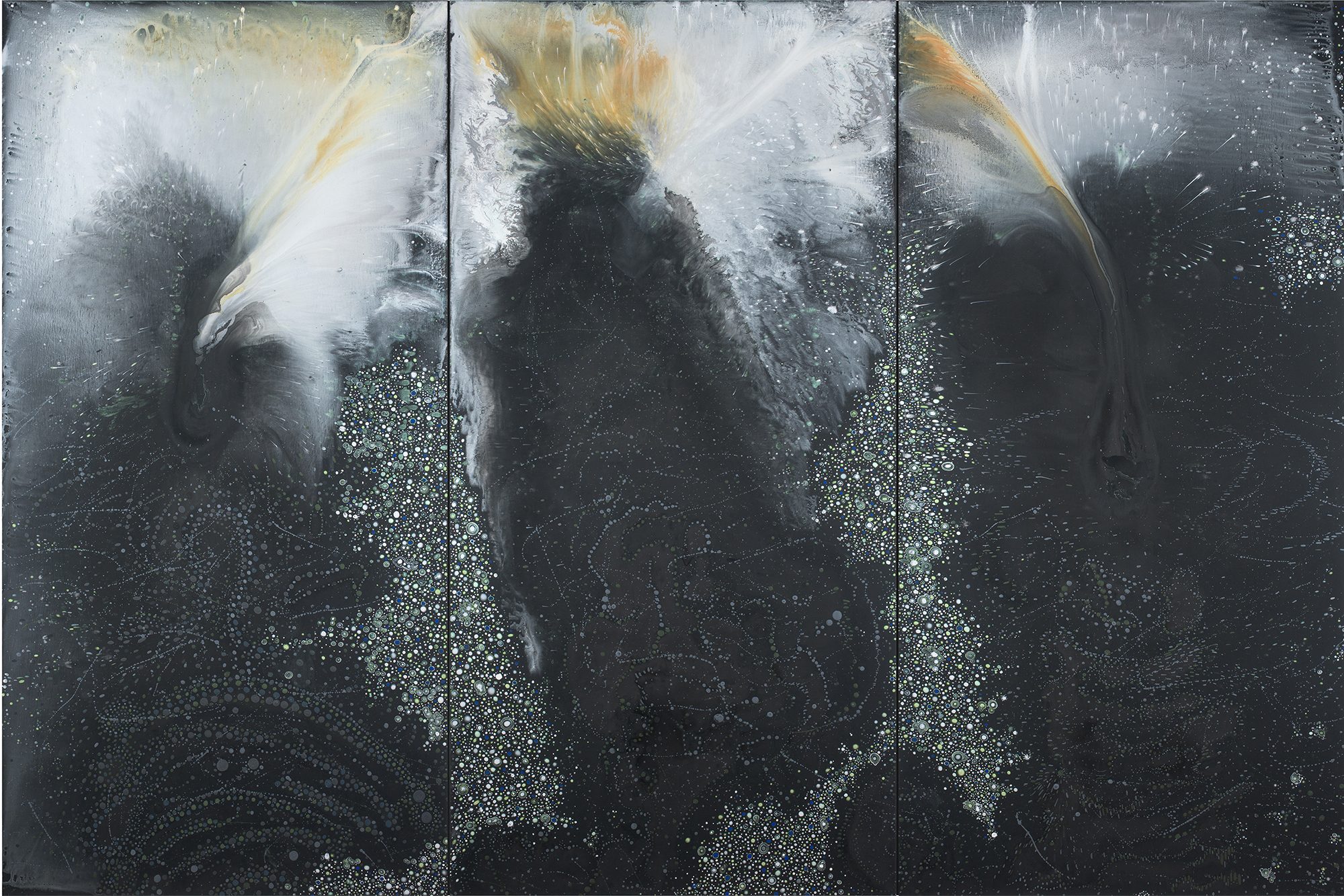 Barbara Takenaga (American, b. 1949) Black Triptych (blaze), 2016. Acrylic on linen, 72 x 108 in. Courtesy of DC Moore Gallery, New York