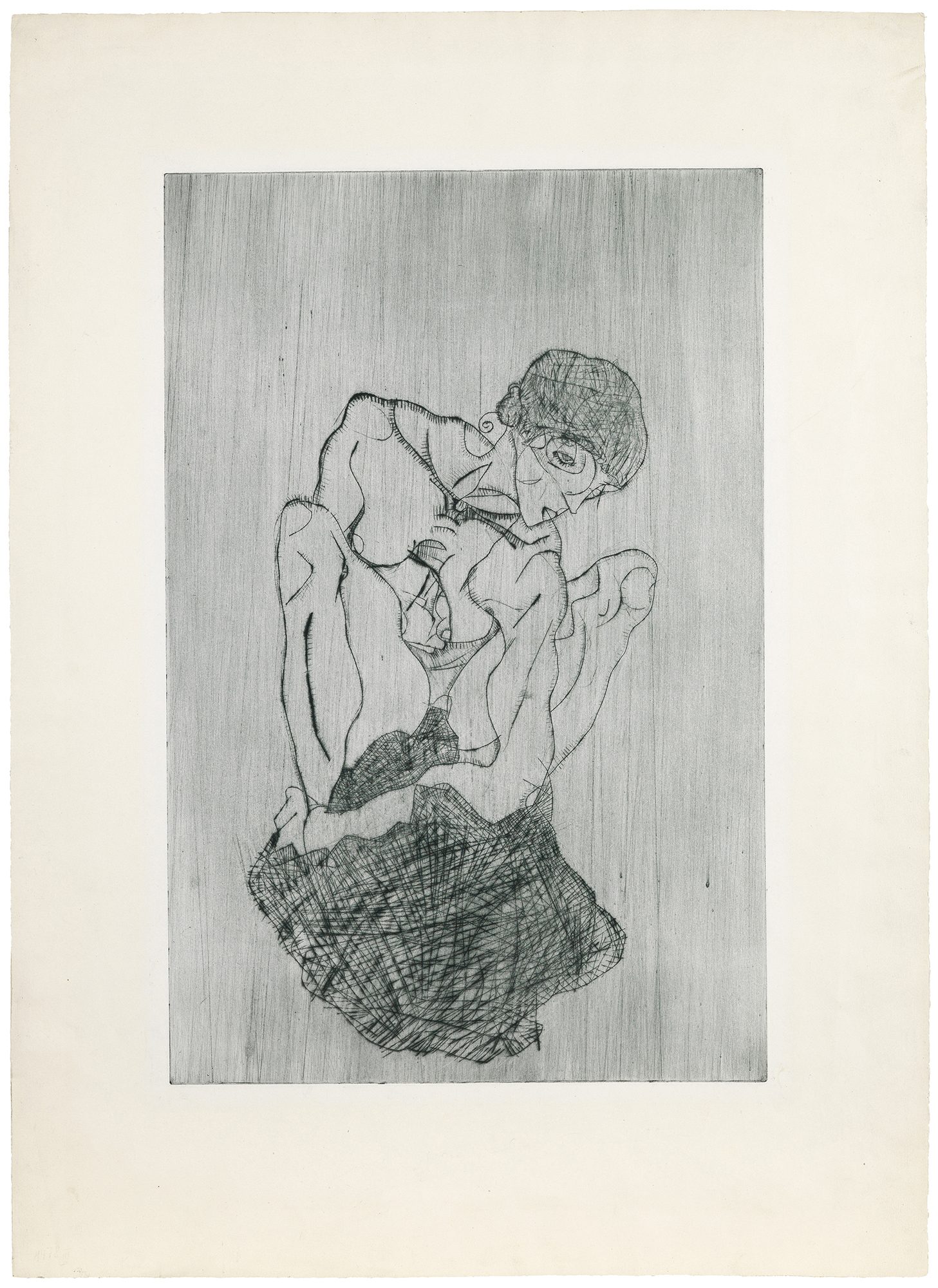 Egon Schiele (Austrian, 1890–1918) Kümmernis (Sorrow), 1914. Etching, 20 x 13 in. Gift of Madeleine P. and Harvey R. Plonsker, Class of 1961, M.2015.25.2