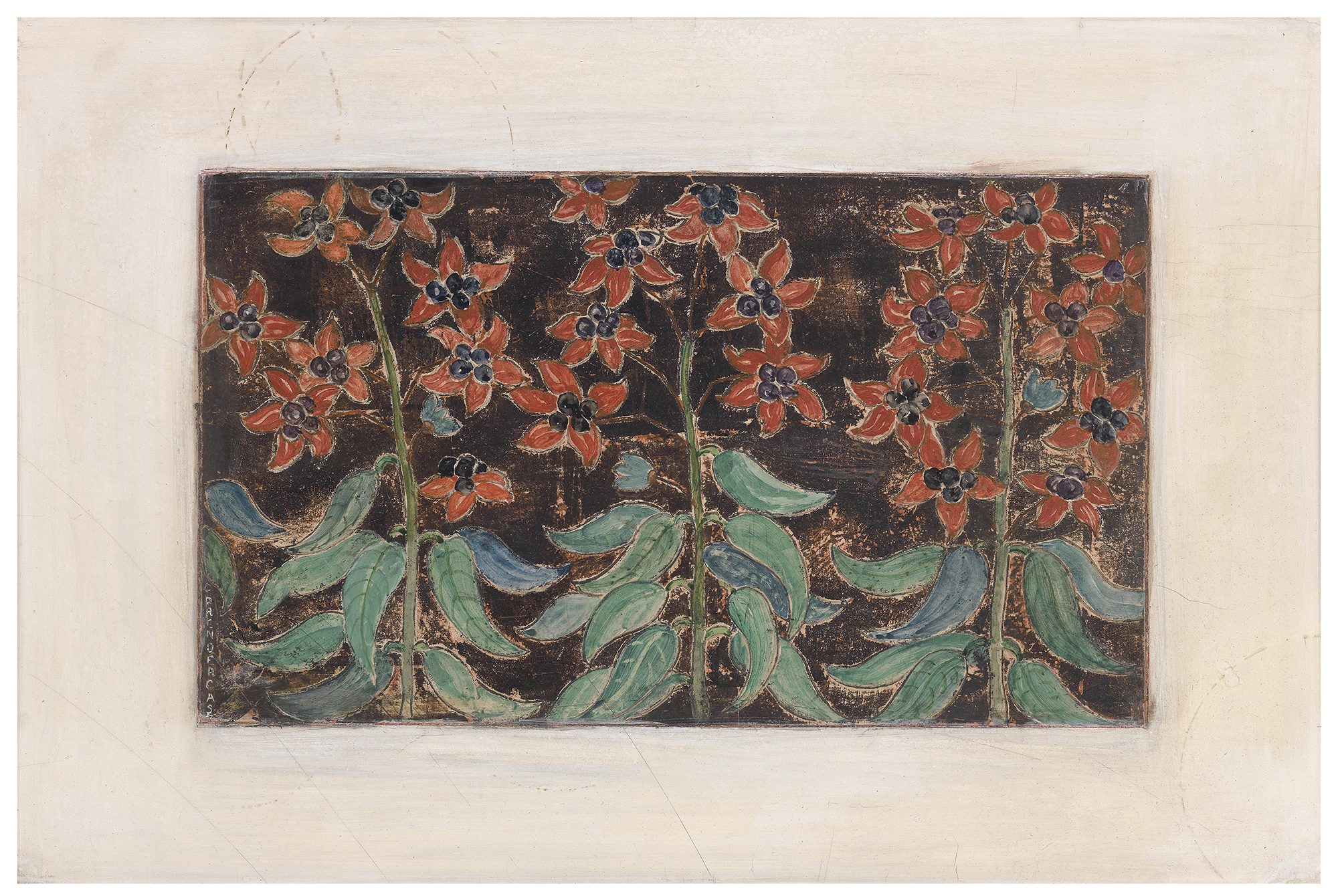 Charles Prendergast (American, 1863-1948, Glory Bower, ca. 1946-1947. Watercolor on incised, gessoed masonite, 15 x 21 in. Bequest of Mrs. Charles Prendergast. 95.4.32