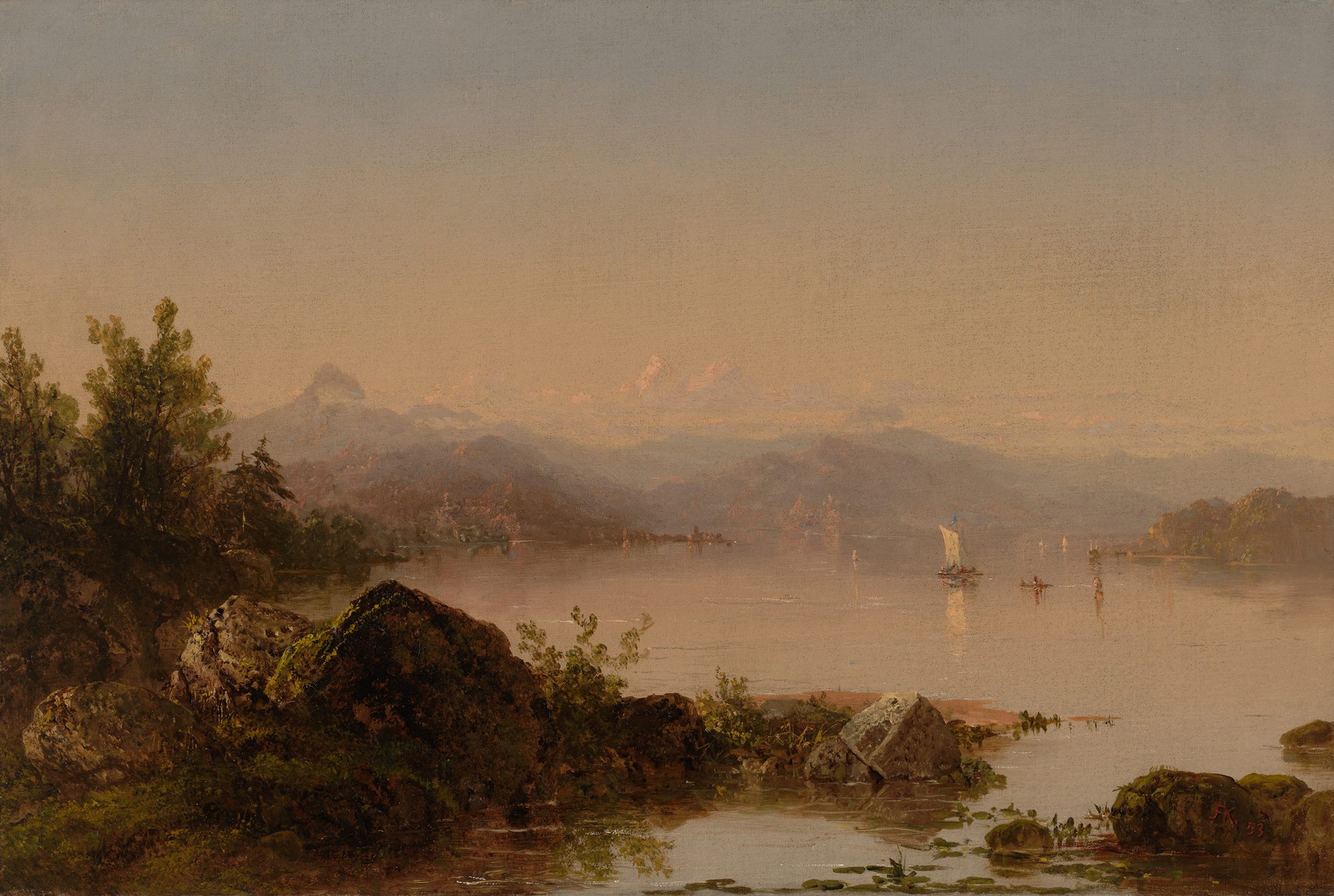 John Frederick Kensett, (American, 1816–1872) Lake George, 1853. Oil on canvas, 23 5/8 x 31 5/8 in. . Gift of Mrs. John W. Field in memory of her husband, 1887.1.1
John Frederick Kensett, (American, 1816–1872) Lake George, 1853. Oil on canvas, 23 5/8 x 31 5/8 in. . Gift of Mrs. John W. Field in memory of her husband, 1887.1.1
