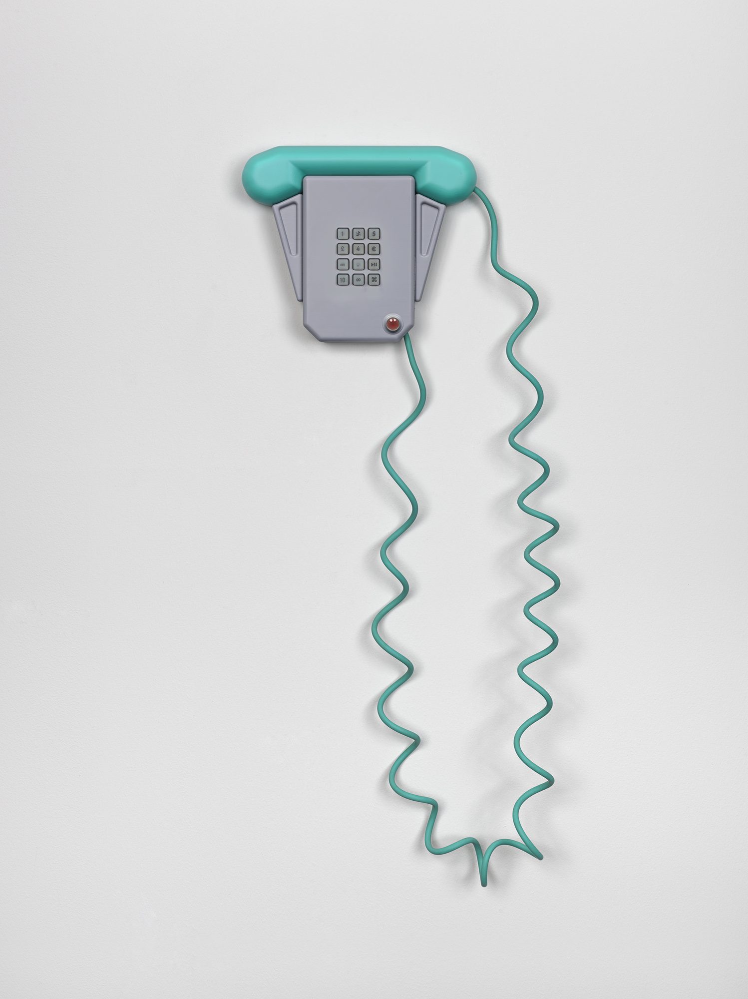 Camille Henrot (French, b.1978) Enough is Enough, 2015. Three dimensional nylon polyamide prints for light lens, case, receiver and internal components, paint, Red LED, custom cord (latex tub, solid-core conductors, 3D printed plugs, printing for silicone keypad, silicone keypad, T3 torx screws, operating system: Raspbian Wheezy, custom software written in Python and Bash, i2c silicone keypad and pcb, sound card, hall effect sensor, 3.7W amplifier, 3W speaker, magnet, 20 gua silicone insulated wire, solder, ethernet cable, mini USB power supply, perma-proto board. 7 7/8 x 9 3/8 x 1 7/8 inches; 20 x 23.8 x 4.8 cm (phone) 20 7/8 x 9 3/8 x 1 7/8 inches; 53 x 23.8 x 4.8 cm (overall). Courtesy of the artist and Metro Pictures, New York