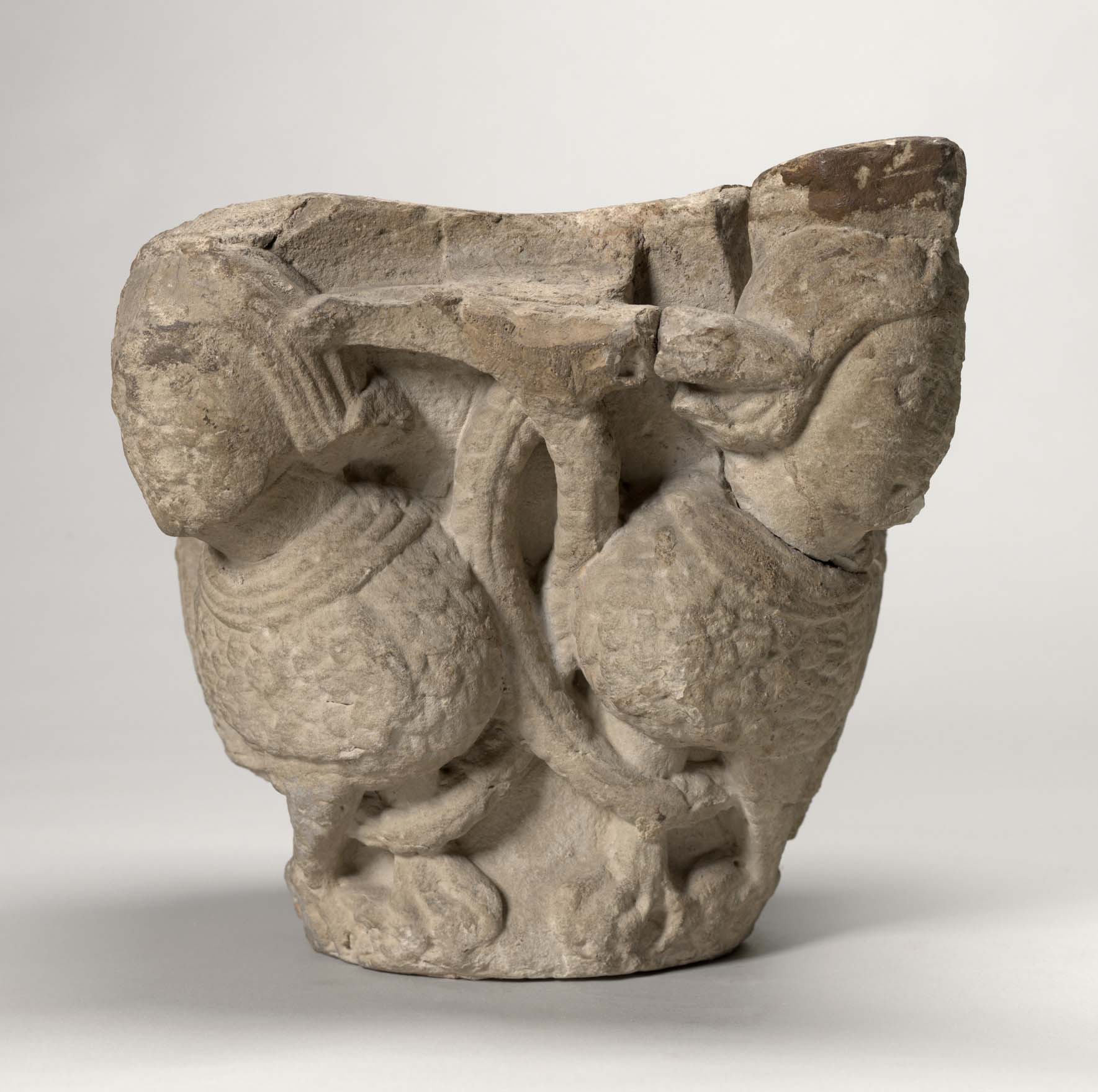 Unknown artist (French) Romanesque Capital from St. Pons-de-Thomieres, c. 1140. Limestone, 10 1/4 x 10 1/4 x 9 1/16 in. Museum purchase, Joseph O. Eaton Fund, 49.6