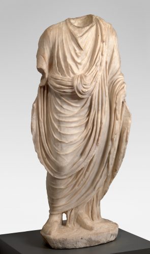 Unknown (Roman) Male figure draped in a toga, 10–50 CE. Marble, 38 3/16 x 18 11/16 x 9 13/16 in. Gift of the son and daughters of Charles Bolles Bolles-Rogers, Class of 1907: Frederick Van D. Rogers, Mary Rogers Savage, and Nancy Rogers Pierson, 76.40