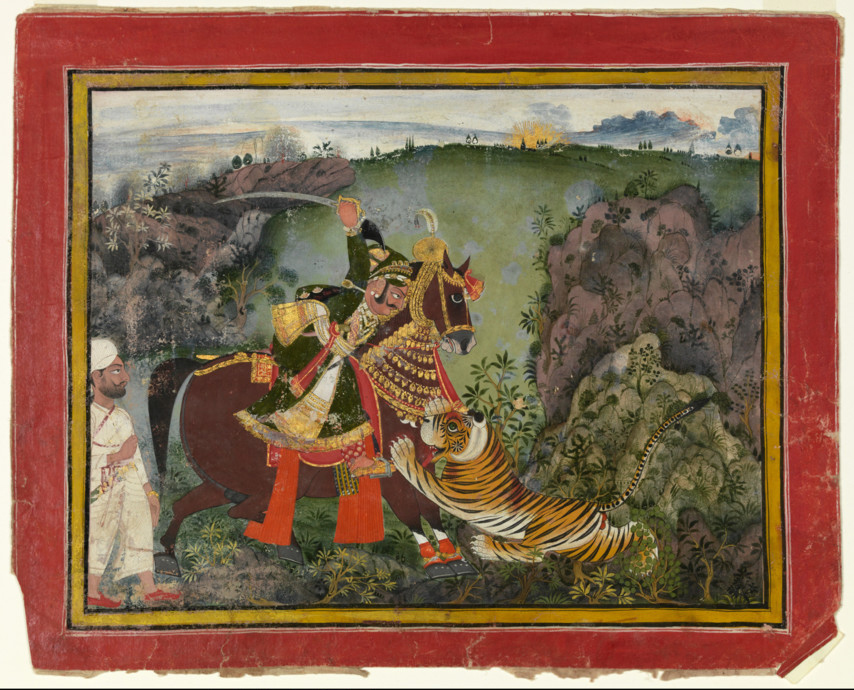 Rajasthan ,Rajput, Rawat Ragho Das of Devgarh on a Tiger Hunt, c. 1776-1786, watercolor, Dims 12 1/16 x 14 15/16 in. (30.6 x 38 cm), Bequest of Mrs. Horace W. Frost 91.15.11