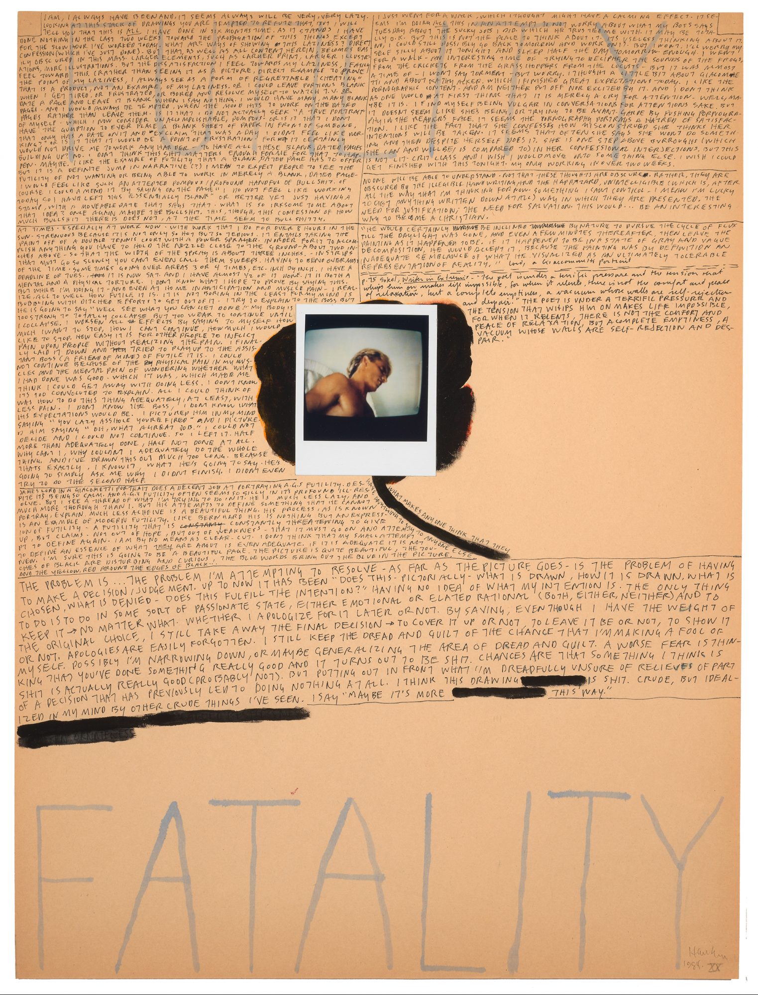 Richard Hawkins (American, b. 1961), Still III: An Illuminating Manuscript, page 20, 1984, acrylic, polaroid, and ink on paper, 23 15/16 × 17 15/16 in. Gift of Elizabeth Mize Currie, Class of 1978.