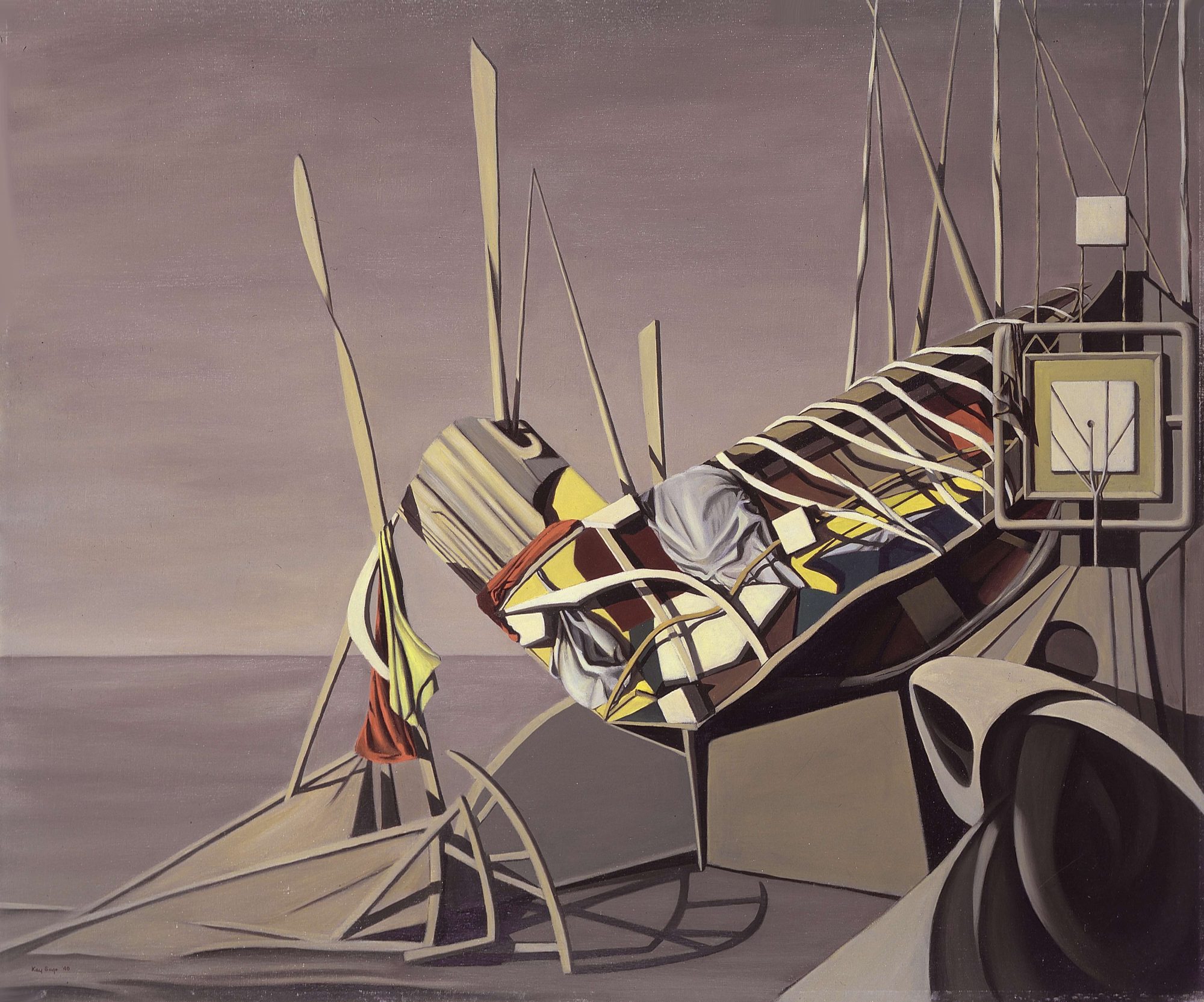 Kay Sage (American, 1898-1963), Starlings, Caravans, 1948. Oil on canvas 32 × 39 in. Fine Arts Museums of San Francisco. Museum purchase, Mildred Anna Williams Collection. TL.2018.3