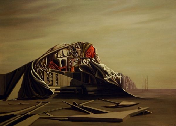 Kay Sage (American, 1898-1963), The Instant, 1949. Oil on canvas, 38 × 54 in. Mattatuck Museum, Waterbury, Conn. Gift of the Estate of Kay Sage. TL.2018.8