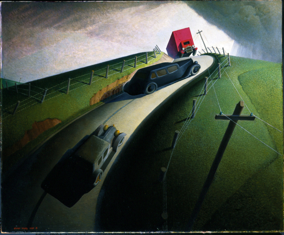 Grant Wood, American ; 1891-1942 painting Death on the Ridge Road, 1935 oil on masonite 32 1/8 × 39 1/16 × 1 5/16 in. (81.6 × 99.2 × 3.3 cm) frame: 39 1/8 × 46 × 4 in. (99.4 × 116.8 × 10.2 cm) Gift of Cole Porter 47.1.3