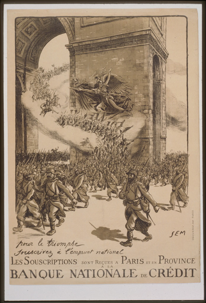Sem, alias of Georges Goursat (French, 1863-1934) For victory subscribe to the National Loan. Subscriptions are taken in Paris and in the Provinces at the Banque Nationale de Crédit, 1916 Chromolithograph on paper Anonymous gift 39.1.357