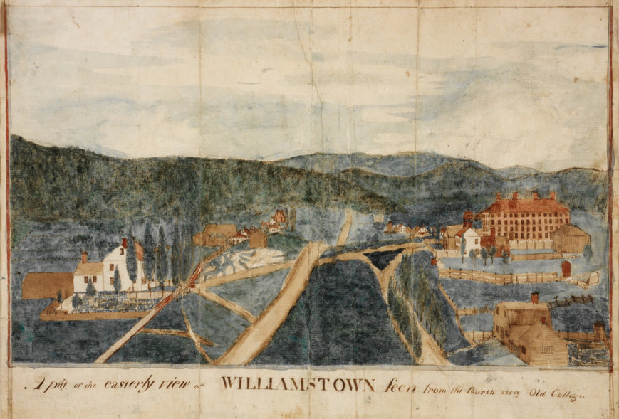 Anonymous (American), c. 1798-1828, A Part of the Easterly View of Williamstown Seen from the Fourth Story of Old College, frame: 14 3/4 x 18 11/16 in. (37.4 x 47.4 cm) Overall: 10 7/8 x 15 1/16 in. (27.6 x 38.3 cm), Gift of the Watkinson Library, Trinity College, Hartford, Connecticut, through the efforts of Don Engley, 60.52 Anonymous (American), c. 1798-1828, A Part of the Easterly View of Williamstown Seen from the Fourth Story of Old College, frame: 14 3/4 x 18 11/16 in. (37.4 x 47.4 cm) Overall: 10 7/8 x 15 1/16 in. (27.6 x 38.3 cm), Gift of the Watkinson Library, Trinity College, Hartford, Connecticut, through the efforts of Don Engley, 60.52